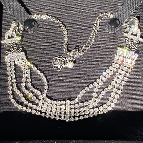 CHANEL 2022A CLASSIC SILVER TONE CC 19 LOGO CHOKER NECKLACE WHITE BLACK CRYSTALS - Picture 10 of 15